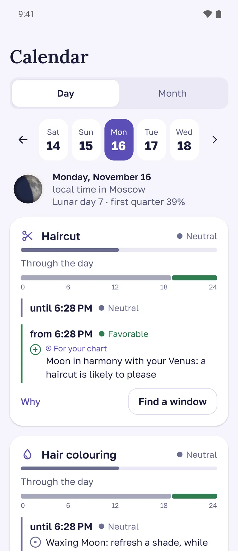The Calendar screen: hourly verdicts for activities
