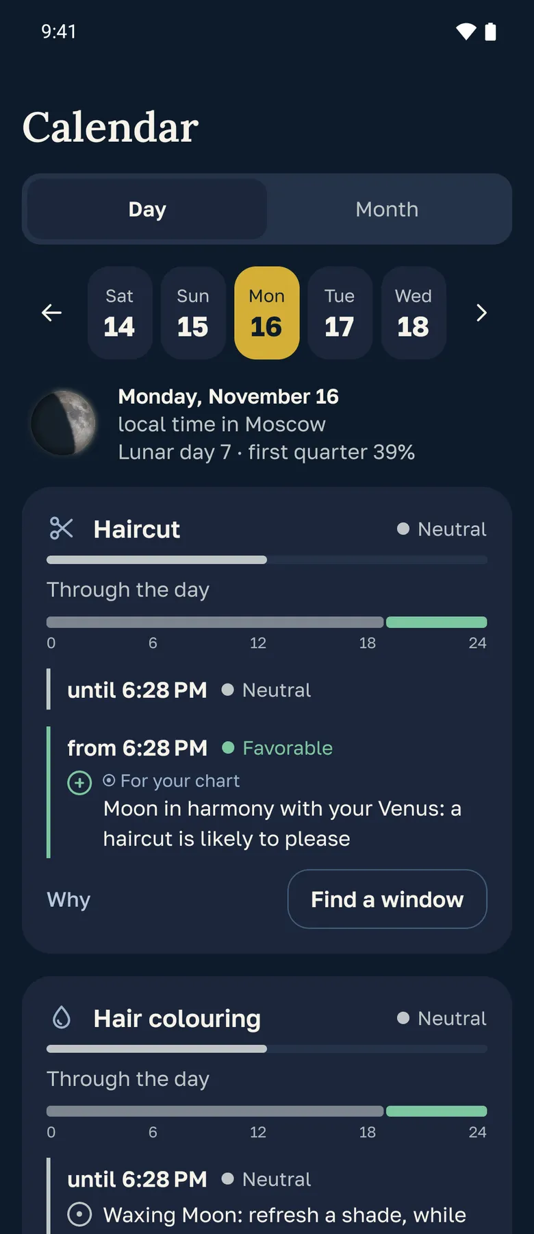 The Calendar screen: hourly verdicts for activities