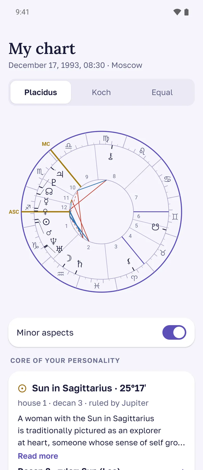 The My chart screen: the natal chart wheel