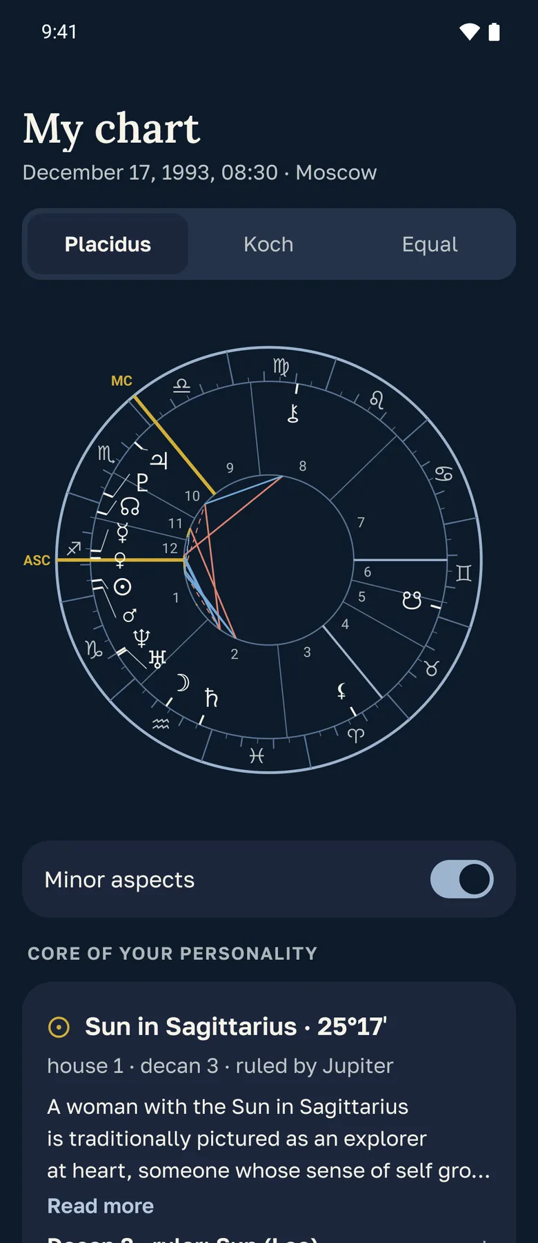 The My chart screen: the natal chart wheel
