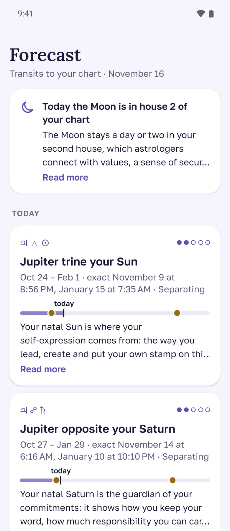 The Forecast screen: transits to the natal chart