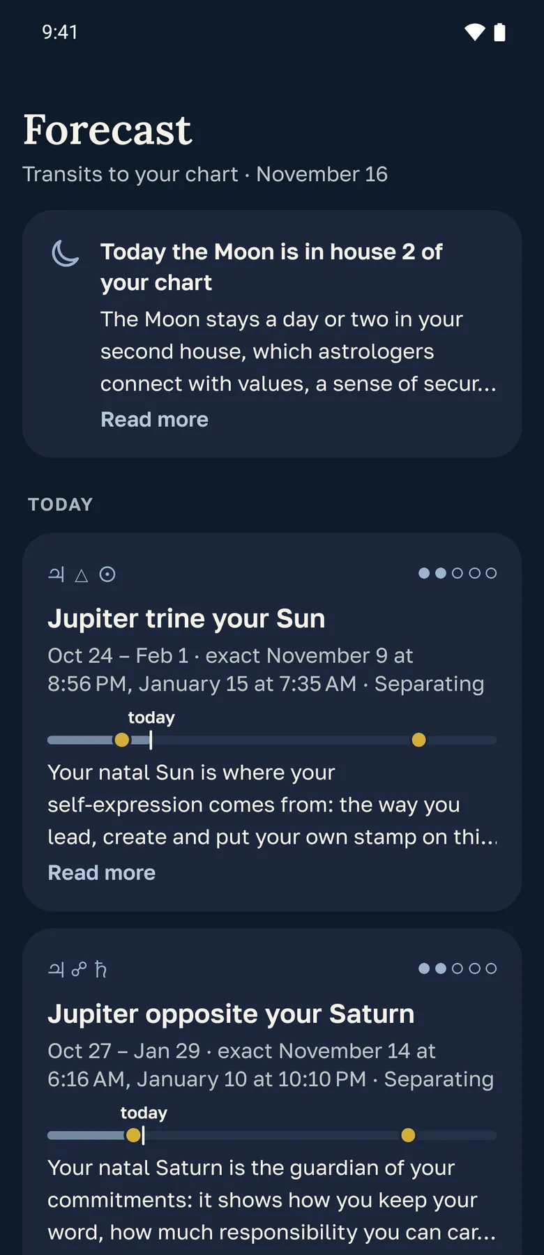 The Forecast screen: transits to the natal chart
