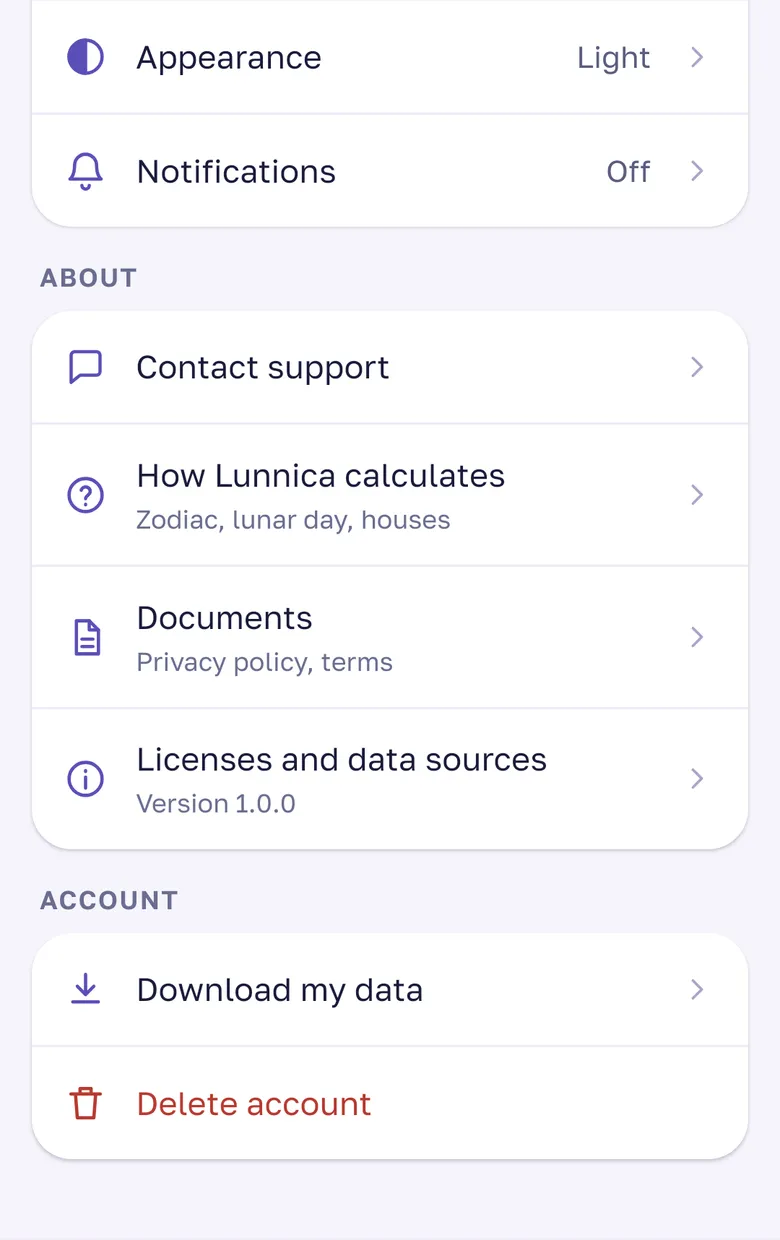 Profile in the app: “Download my data” and “Delete account”