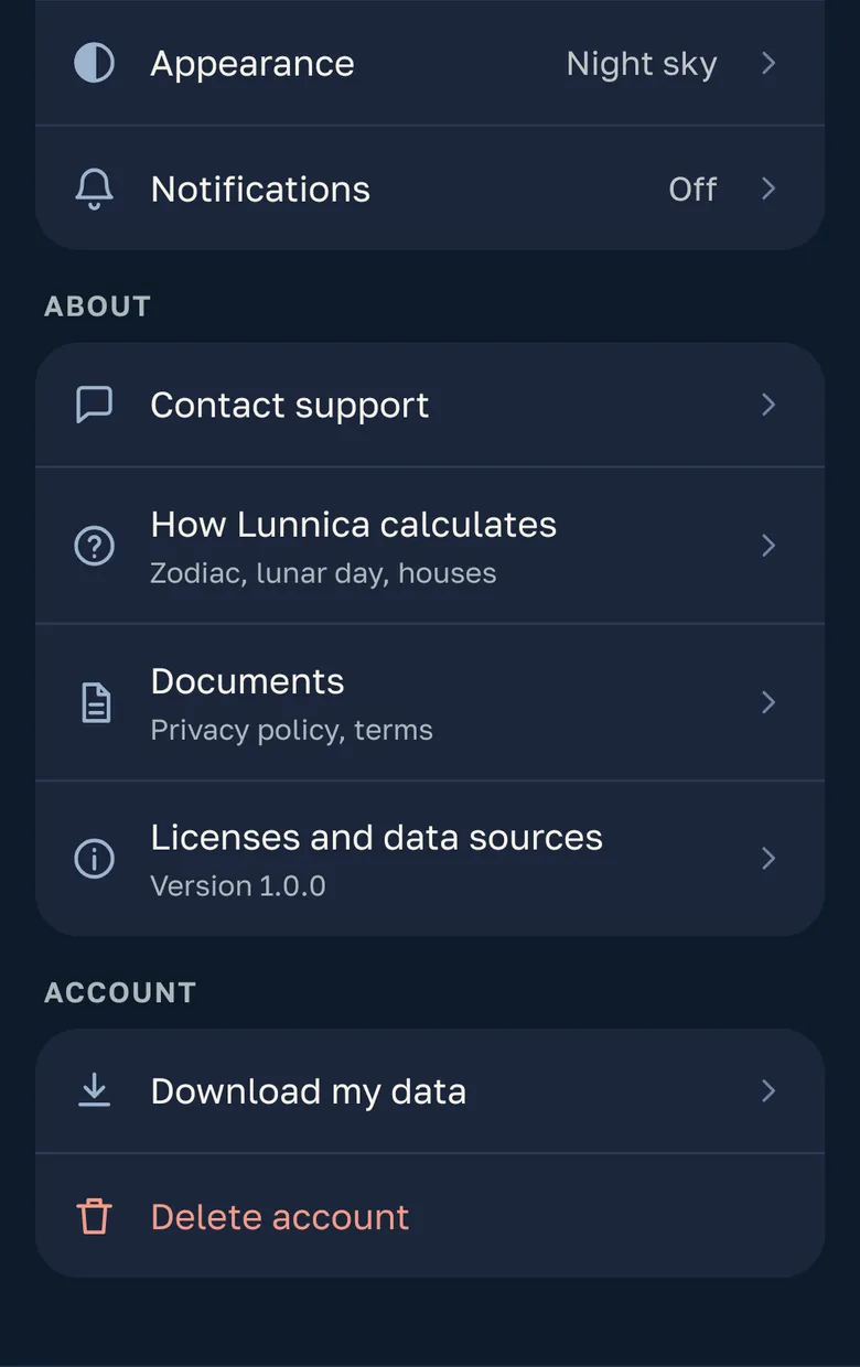 Profile in the app: “Download my data” and “Delete account”